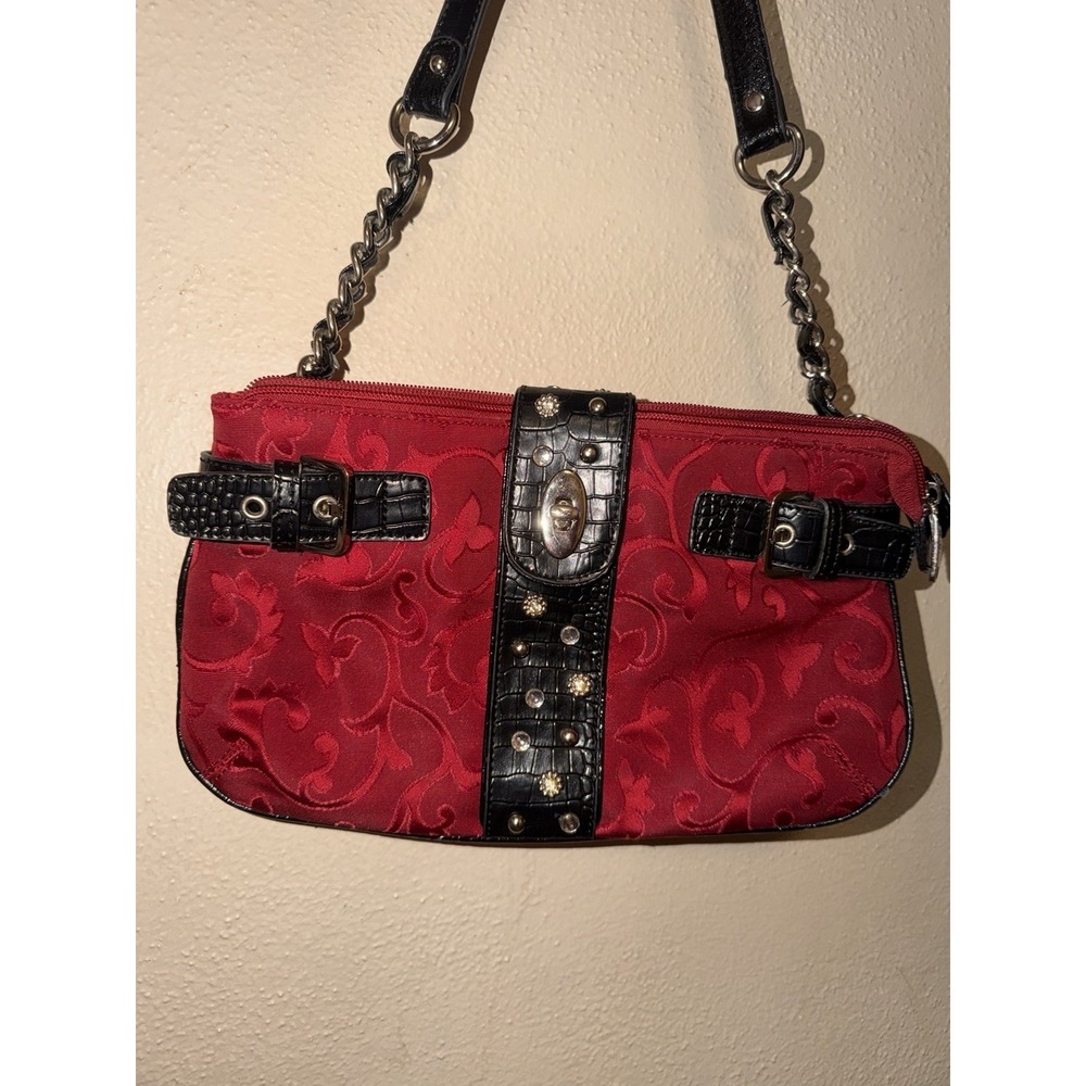 Mark Chantal MC Handbag Shoulder Bag Faux Croc Embossed Soho Turnlock Red Silver